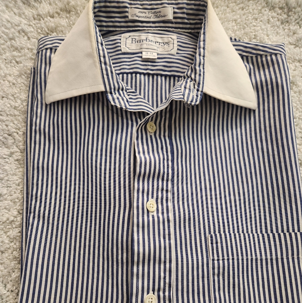 Burberry Blue and White Striped Dress Shirt